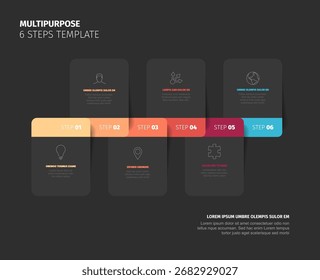 Una moderna Plantilla multiusos de 6 pasos con un elegante fondo oscuro y una infografía clara de la línea de tiempo. Esta Plantilla de 6 pasos con su línea de tiempo organizada es ideal para varias presentaciones.