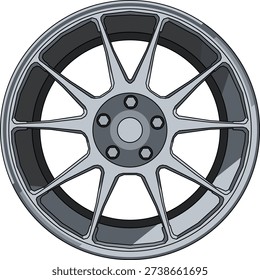 Modern multi-spoke alloy wheel vector illustration in flat cartoon style. Clean symmetrical design with five lug pattern and detailed inner barrel shading. Perfect for automotive design projects, car modification themes, racing graphics, and 2D game assets.
