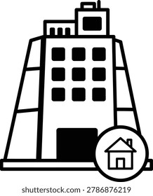Modern Multistory Building Icon with Circular Business Symbol