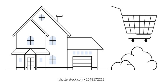 Casa moderna com vários andares, carrinho de compras e ícone de nuvem. Ideal para compras on-line, comércio eletrônico, computação em nuvem, imóveis e temas de transformação digital. Estilo simples, linhas limpas
