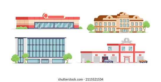 Modern Municipal Building Facade Service Collection Isometric Vector Illustration. Set Customers Maintenance City Architecture Exterior Supermarket, School College University, Office, Car Renovation