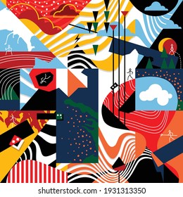 Modern mural geometric abstract covers templates. Seamless texture for printing on fabric In style of Kandinsky, cubism art shapes. Brochure, flyer, poster background composition. Vector wallpaper