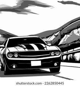 Modern Muscle Car Cruising On Road - Vector Drawing. Handmade vector art.