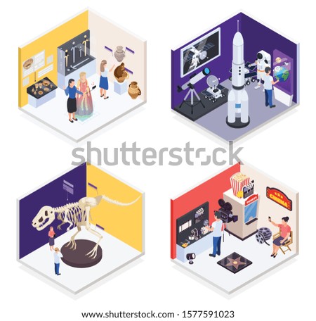 Modern museum 4 isometric compositions with prehistoric times dinosaur space mission retro cinema exhibits isolated vector illustration 