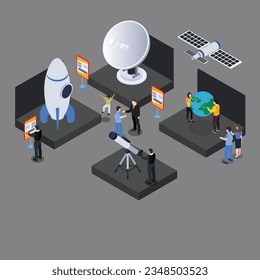 Modern museum astronomical exhibition hall isometric 3d vector concept for banner, website, illustration, landing page, etc