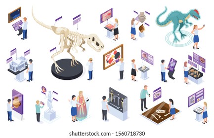 Modern museum exhibit interactive digital content isometric icons set with dinosaur skeleton virtual reality images vector illustration  