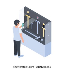 Modern museum icon with man watching exhibited swords with smartphone isometric vector illustration