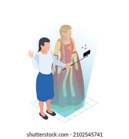 Modern museum icon with visitor taking selfie with 3d woman hologram isometric vector illustration