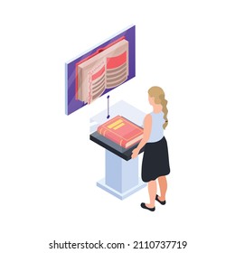 Modern museum icon with woman watching interactive exhibit of ancient book isometric vector illustration
