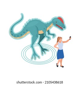 Modern museum isometric icon with visitor taking selfie with 3d hologram of dinosaur vector illustration