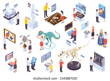 Modern museum technology isometric set with virtual reality interactive exhibits reconstruction dinosaurs amphora info displays vector illustration 