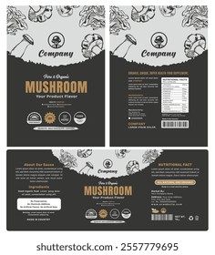 Modern mushroom packaging featuring a custom Eco-friendly food product label with a black and white design.