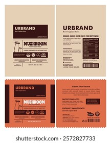 Modern Mushroom Supplement Label a clean and minimalist Stand up pouch bag design that focuses on health and wellness, retro style and eye-catching graphics.