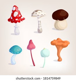 Modern mushrooms forest set vector illustration art. Cartoon Isolated fly agaric Vector icons set. Autumn food nature. Hand drawn cute mushrooms in flat design set vector illustration organic food