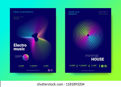 Modern Music Abstract Backgrounds. Bright Sound Flyer with Distorted Stripes. Posters with Abstract Colorful Lines and Gradient. Wave Covers for Electronic Music Event. Abstract Vector Illustration.