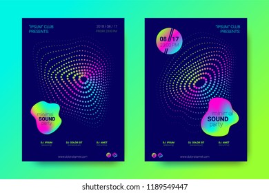 Modern Music Abstract Backgrounds. Bright Sound Flyer with Distorted Stripes. Posters with Abstract Colorful Lines and Gradient. Wave Covers for Electronic Music Event. Abstract Vector Illustration.