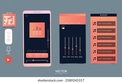 Modern Music App Interface UI Concept. Mobile application for listening to music dark and orange style