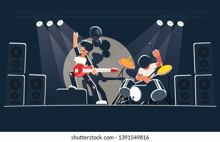 Modern music band shows a concert on a dark stage in the bright rays. A pretty girl guitarist with a red electric guitar and a mad drummer play rock, indie or alternative instrumental music.