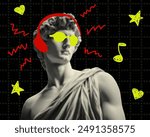 modern music collage design with antique statue of young man retro vintage halftone grunge dotted texture bright doodle y2k elements headphones sunglasses hearts musical notes black background