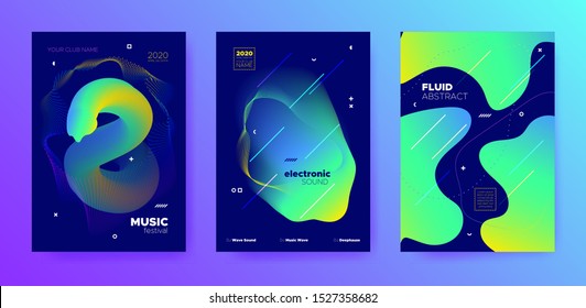 Modern Music Design. Gradient Lines. House Concert. Trendy 3d Flow Template. Blue Music Flyer. Futuristic Pattern. Techno Festival. Green 3d Flow Background. Colorful Music Poster.