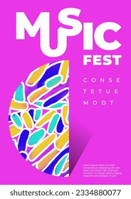 Modern music fest poster template with brush strokes, paint stains, geometric shapes, typography. Hand drawn abstract pattern. Freehand design elements. Minimalist style placard, banner, blank, flyer 
