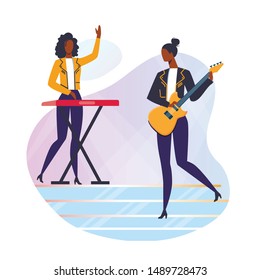 Modern Music Festival Flat Vector Illustration. Keyboard and Electric Guitar Players Cartoon Character. Show Business, Entertainment Industry. Talented Young Musicians Playing Instruments