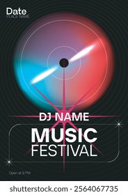 Modern music festival poster template with colorful vinyl record, neon light effects, and editable text placeholders. Perfect for DJ events, parties, or concerts. Vector illustration