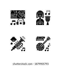 Modern music genres variety black glyph icons set on white space. Dj sound editing machine for electronic compositions. Country band instruments. Silhouette symbols. Vector isolated illustration