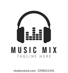 Modern music logo with stylish headphones and text in black color. Perfect for music projects, DJs, recording, podcasts, radio, streaming services, online platforms, festivals and blogs