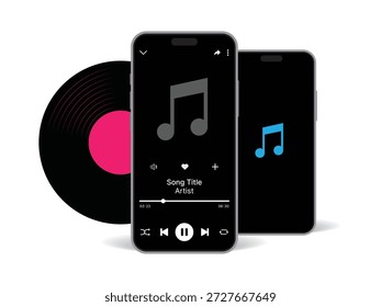 Modern Music Player App Interface on Smartphone with Audio Playback Controls and Vinyl Record Design