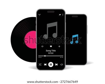 Modern Music Player App Interface on Smartphone with Audio Playback Controls and Vinyl Record Design