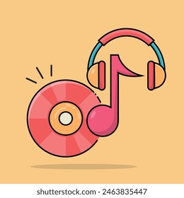 Modern music player and music element or instrument cd, headphone and music symbol flat illustration