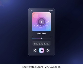 Modern music player mobile app interface featuring glassmorphism design. Trendy UI, UX template for audio streaming with stylish gradients, playback controls, digital waveform visualization. Vector UI