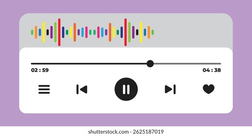 Modern music player UI with colorful layout and icon sets in silver, white, and black and white styles. Ideal for apps,streaming, and digital audio interface design.