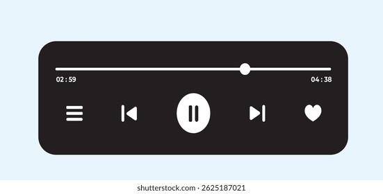 Modern music player UI with colorful layout and icon sets in silver, white, and black and white styles. Ideal for apps,streaming, and digital audio interface design.