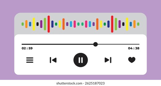 Modern music player UI with colorful layout and icon sets in silver, white, and black and white styles. Ideal for apps,streaming, and digital audio interface design.