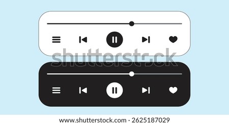 Modern music player UI with colorful layout and icon sets in silver, white, and black and white styles. Ideal for apps,streaming, and digital audio interface design.