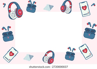 Moderner Musik-Playlist-Rahmen mit Kopienraum. Digitaler Liebeshintergrund mit Kopfhörern, Smartphone und Schallwellen. Vektor flache Design-Rahmen für Valentinstag Grußkarte oder Tech-Liebhaber Geschenk.