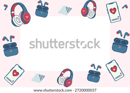 Modern music playlist frame with copy space. Digital love background featuring headphones, smartphone, and sound waves. Vector flat design border for Valentine's Day greeting card or tech lover gift.