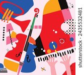 Modern music poster with abstract and minimalistic musical instruments assembled from colorful geometric forms and shapes. Vibrant musical collage with trumpet and piano