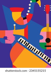 Modern music poster with abstract and minimalistic musical instruments assembled from colorful geometric forms and shapes. Vibrant musical collage with guitar, saxophone, trumpet and piano