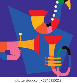 Modern music poster with abstract and minimalistic musical instruments assembled from colorful geometric forms and shapes. Vibrant musical collage with trumpet and saxophone for flyer, banner, invites