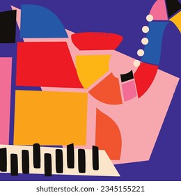 Modern music poster with abstract and minimalistic musical instruments assembled from colorful geometric forms and shapes. Vibrant musical collage with saxophone and piano
