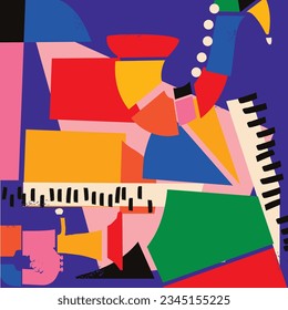 Modern music poster with abstract and minimalistic musical instruments assembled from colorful geometric forms and shapes. Vibrant musical collage with trumpet, saxophone and piano