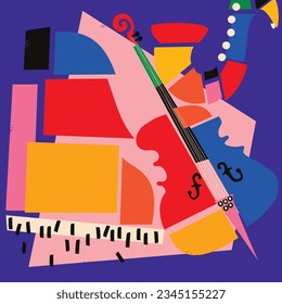 Modern music poster with abstract and minimalistic musical instruments assembled from colorful geometric forms and shapes. Vibrant musical collage with violoncello, saxophone and piano