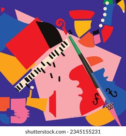 Modern music poster with abstract and minimalistic musical instruments assembled from colorful geometric forms and shapes. Vibrant musical collage with violoncello, saxophone, trumpet and piano