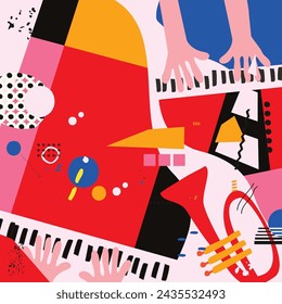 Modern music poster with abstract and minimalistic musical instruments assembled from colorful geometric forms and shapes. Vibrant musical collage with violoncello, saxophone and piano.