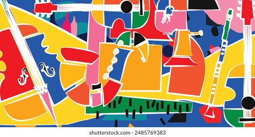 Modern music poster with abstract and minimalistic musical instruments assembled from colorful geometric forms and shapes. Vibrant musical collage with trumpet and piano	