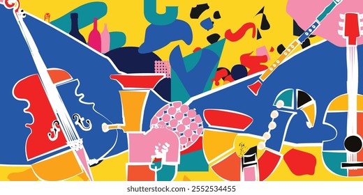 Modern music poster with abstract and minimalistic musical instruments assembled from colorful geometric forms and shapes. Vibrant musical collage with trumpet and piano