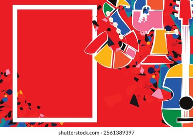 Modern music poster with abstract and minimalistic musical instruments assembled from colorful geometric forms and shapes. Vibrant musical collage